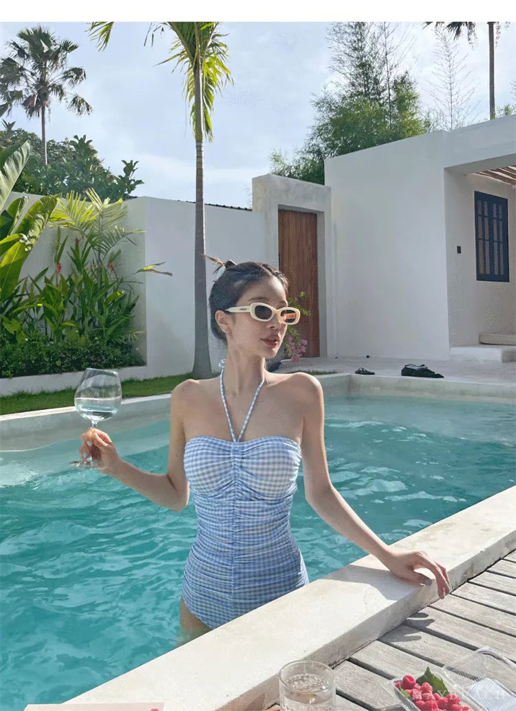 2024 New Women's One-Piece Swimsuit Blue Plaid Cover-Up Bikini Sexy Girl Style Comfortable Fit Swimming Suit Casual Swimwear
