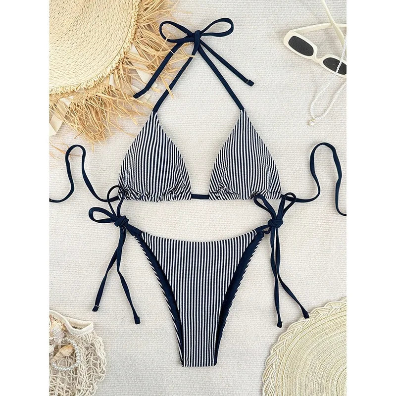 New Euro-American Striped Bikini Set Women Outdoor Vacation Beach Sexy Halter Split Swimsuit Lace-Up Thong Brazilian Swimwear