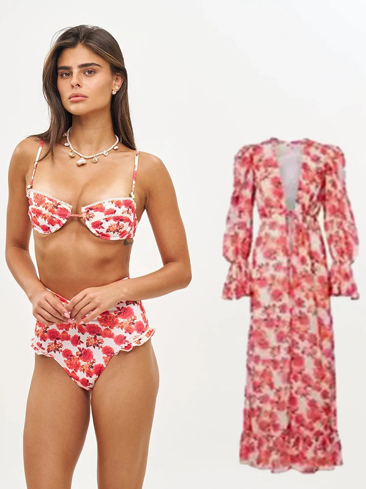 ZRTAK Long Beach Dress Ruffles Bikini Cover Up 2026 Floral Printed Swimsuits Dresses Women Sexy Cover-Ups Summer Swimming Wear