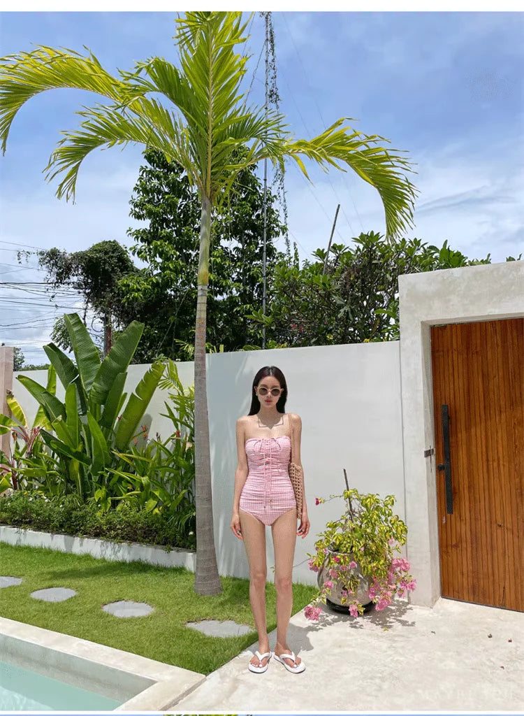 2024 New Women's One-Piece Swimsuit Blue Plaid Cover-Up Bikini Sexy Girl Style Comfortable Fit Swimming Suit Casual Swimwear