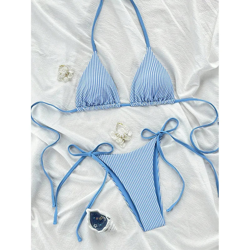 New Euro-American Striped Bikini Set Women Outdoor Vacation Beach Sexy Halter Split Swimsuit Lace-Up Thong Brazilian Swimwear