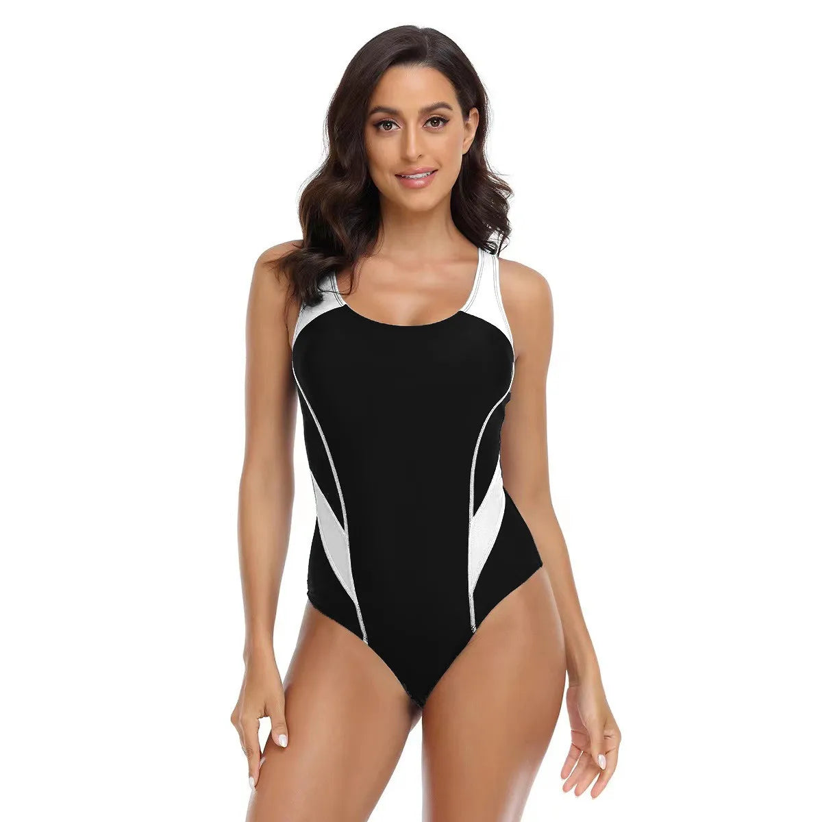 Woman Sleeveless Scoop Neck Swimsuit Navy Blue High Cut Legs Bathing Suit Black Open Back Swimwear Red Accent Contrast Trim