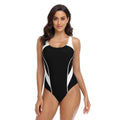 Woman Sleeveless Scoop Neck Swimsuit Navy Blue High Cut Legs Bathing Suit Black Open Back Swimwear Red Accent Contrast Trim