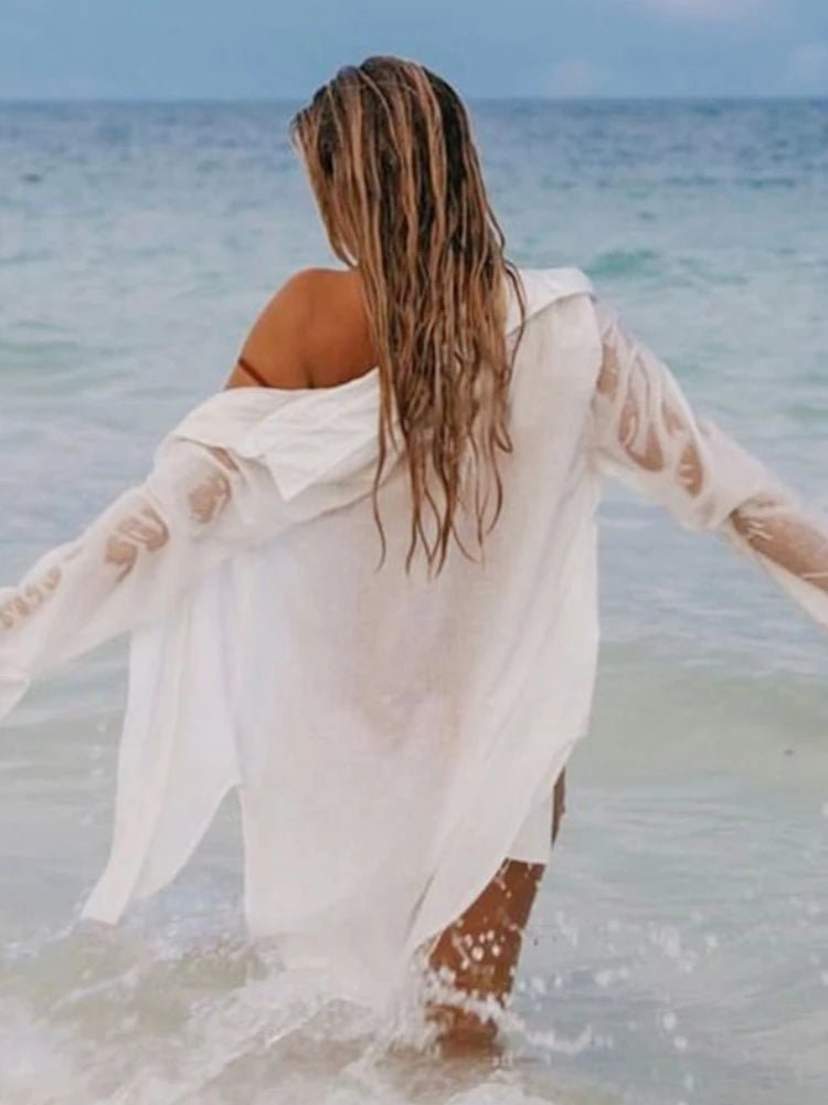 Bikini Cover Up Women Beach Shirts Candy Colors Swimsuit Cape 2024 New Summer Long Sleeve Tunic Swimwear Outfits - Nouti.market