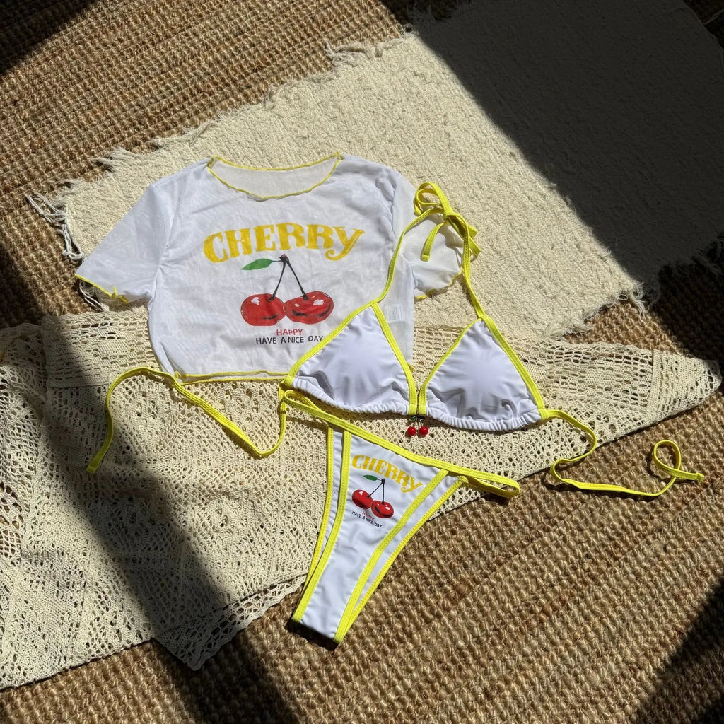 Cherry Print Mesh Short Sleeve Bikini Female Swimsuit Women Swimwear Three - pieces Bikini Set Micro Bathing Suit Swim Beachwear - Nouti.market