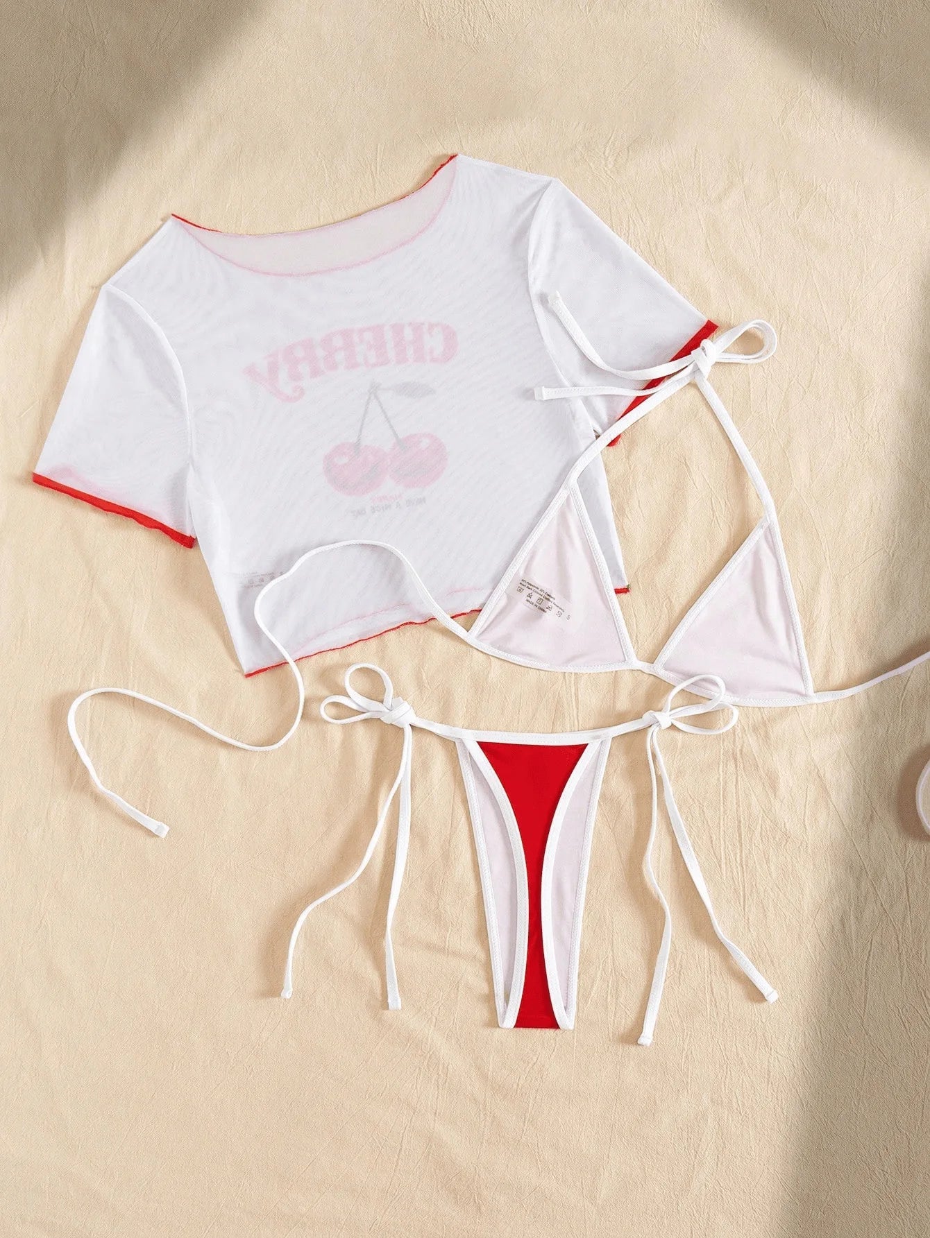 Cherry Print Mesh Short Sleeve Bikini Female Swimsuit Women Swimwear Three - pieces Bikini Set Micro Bathing Suit Swim Beachwear - Nouti.market