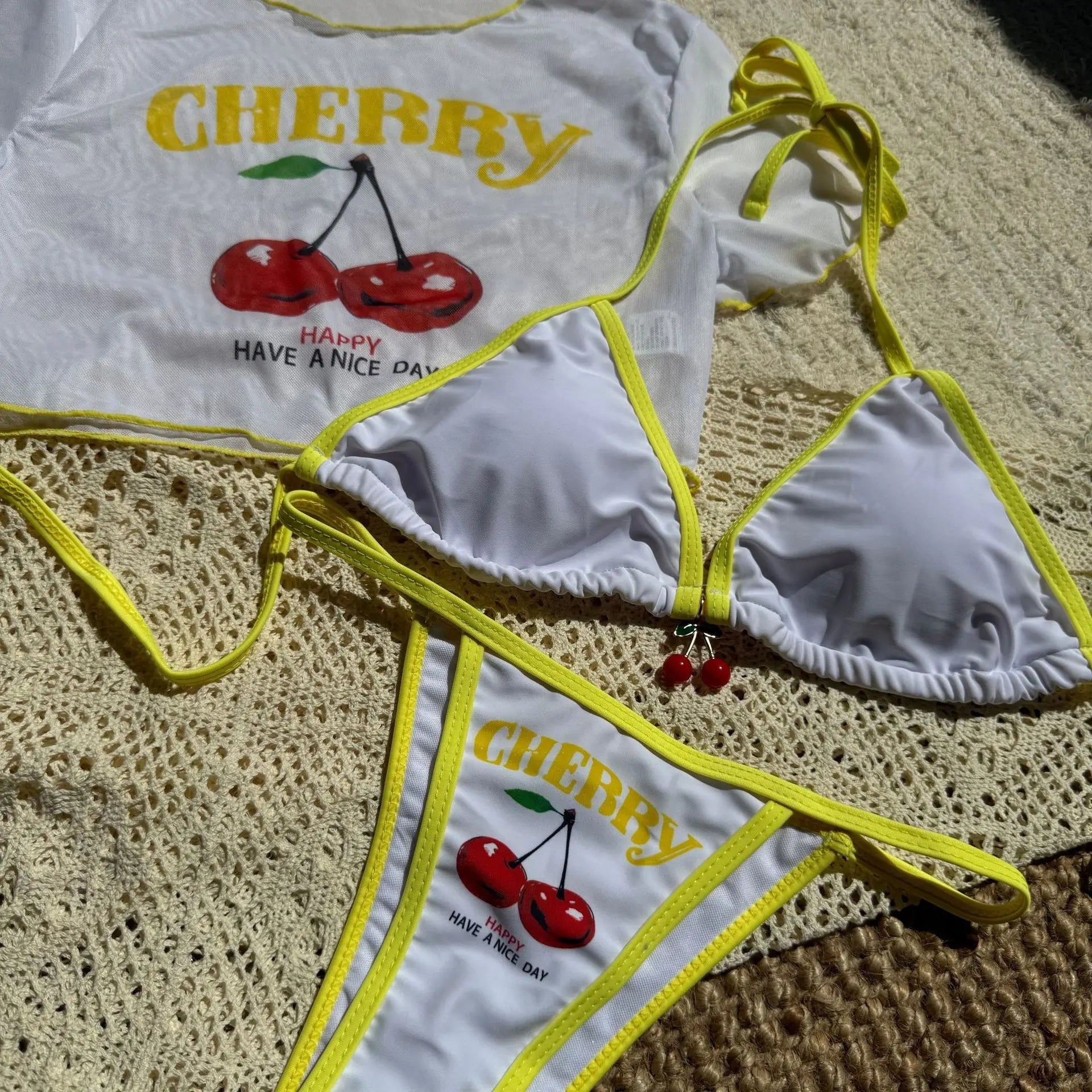 Cherry Print Mesh Short Sleeve Bikini Female Swimsuit Women Swimwear Three - pieces Bikini Set Micro Bathing Suit Swim Beachwear - Nouti.market