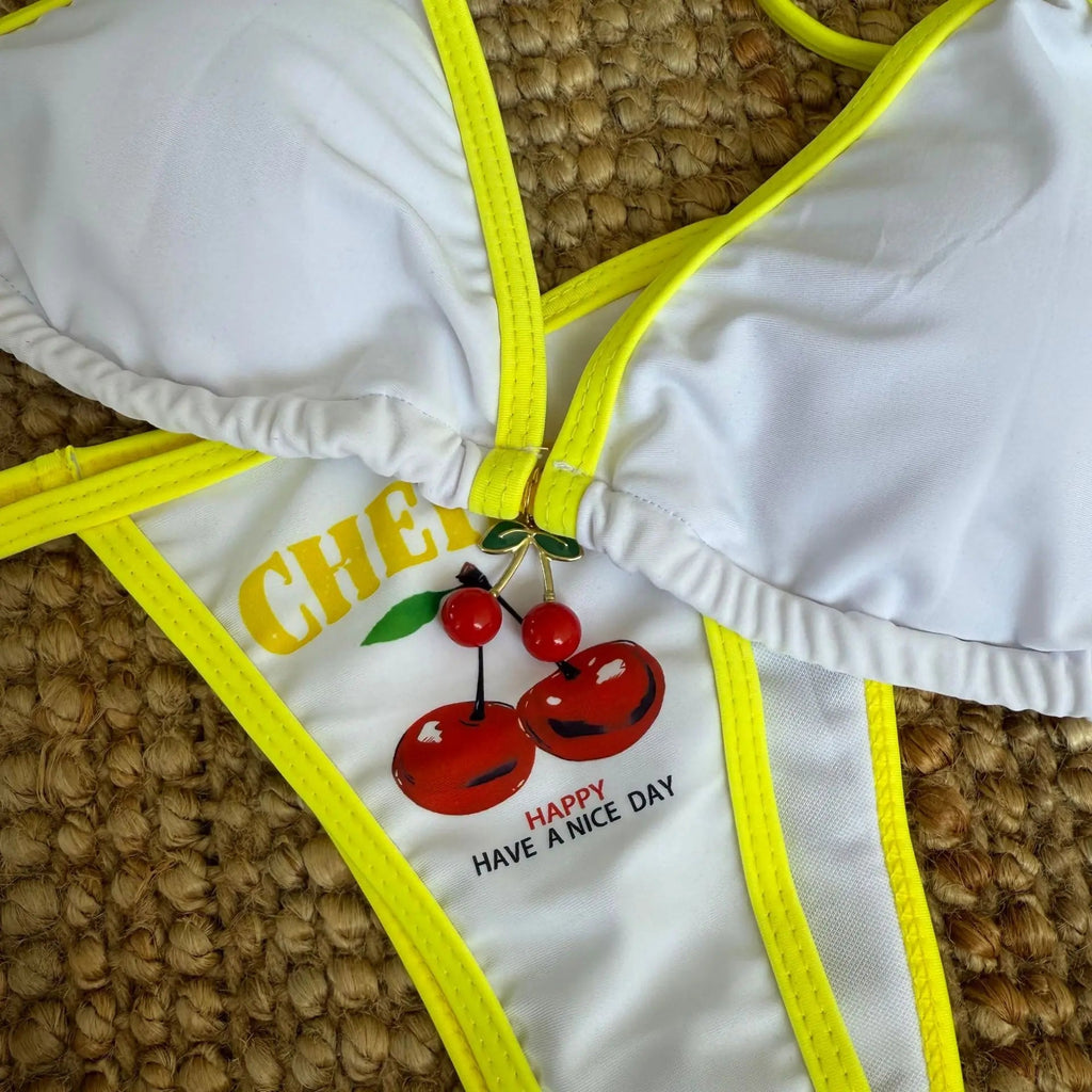 Cherry Print Mesh Short Sleeve Bikini Female Swimsuit Women Swimwear Three - pieces Bikini Set Micro Bathing Suit Swim Beachwear - Nouti.market