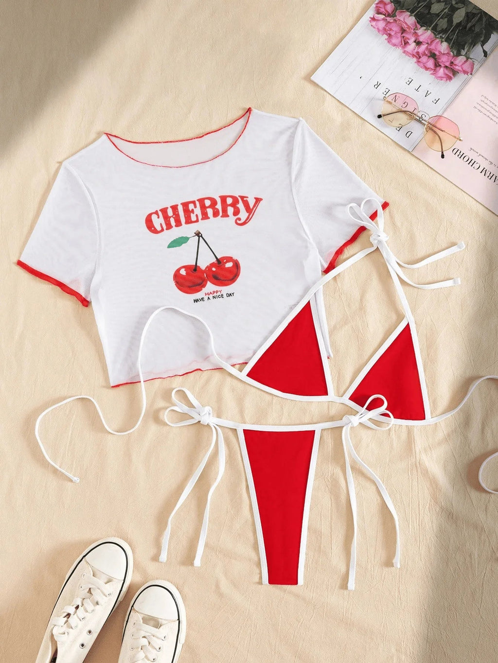 Cherry Print Mesh Short Sleeve Bikini Female Swimsuit Women Swimwear Three - pieces Bikini Set Micro Bathing Suit Swim Beachwear - Nouti.market