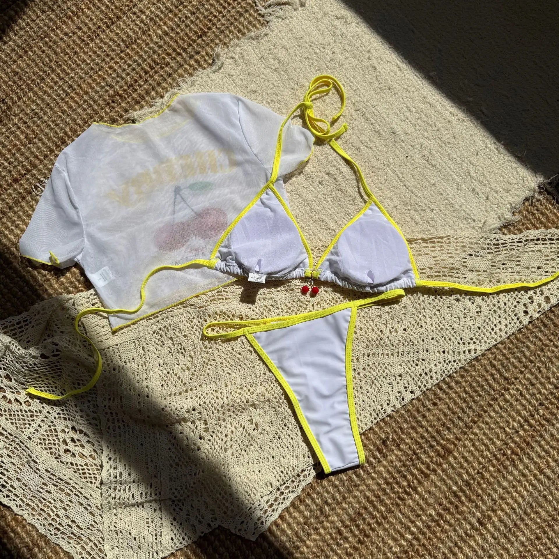 Cherry Print Mesh Short Sleeve Bikini Female Swimsuit Women Swimwear Three - pieces Bikini Set Micro Bathing Suit Swim Beachwear - Nouti.market