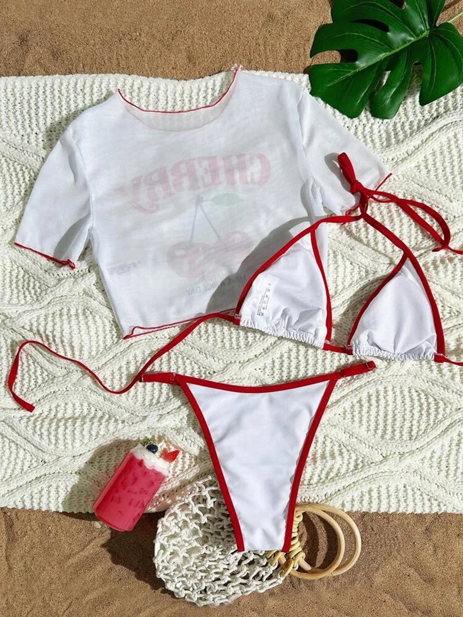 Cherry Print Mesh Short Sleeve Bikini Female Swimsuit Women Swimwear Three - pieces Bikini Set Micro Bathing Suit Swim Beachwear - Nouti.market