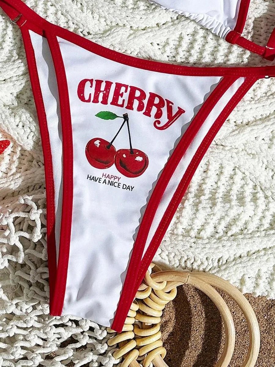 Cherry Print Mesh Short Sleeve Bikini Female Swimsuit Women Swimwear Three - pieces Bikini Set Micro Bathing Suit Swim Beachwear - Nouti.market