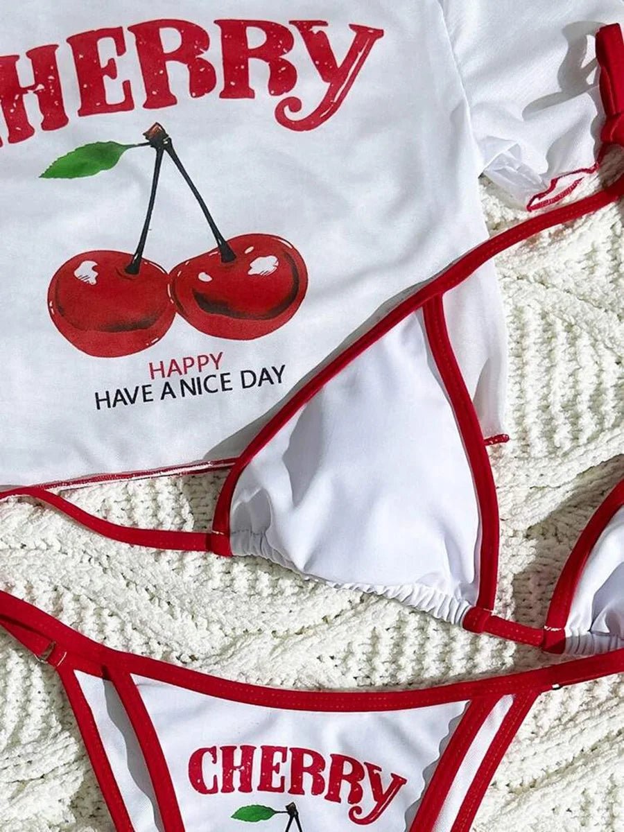 Cherry Print Mesh Short Sleeve Bikini Female Swimsuit Women Swimwear Three - pieces Bikini Set Micro Bathing Suit Swim Beachwear - Nouti.market