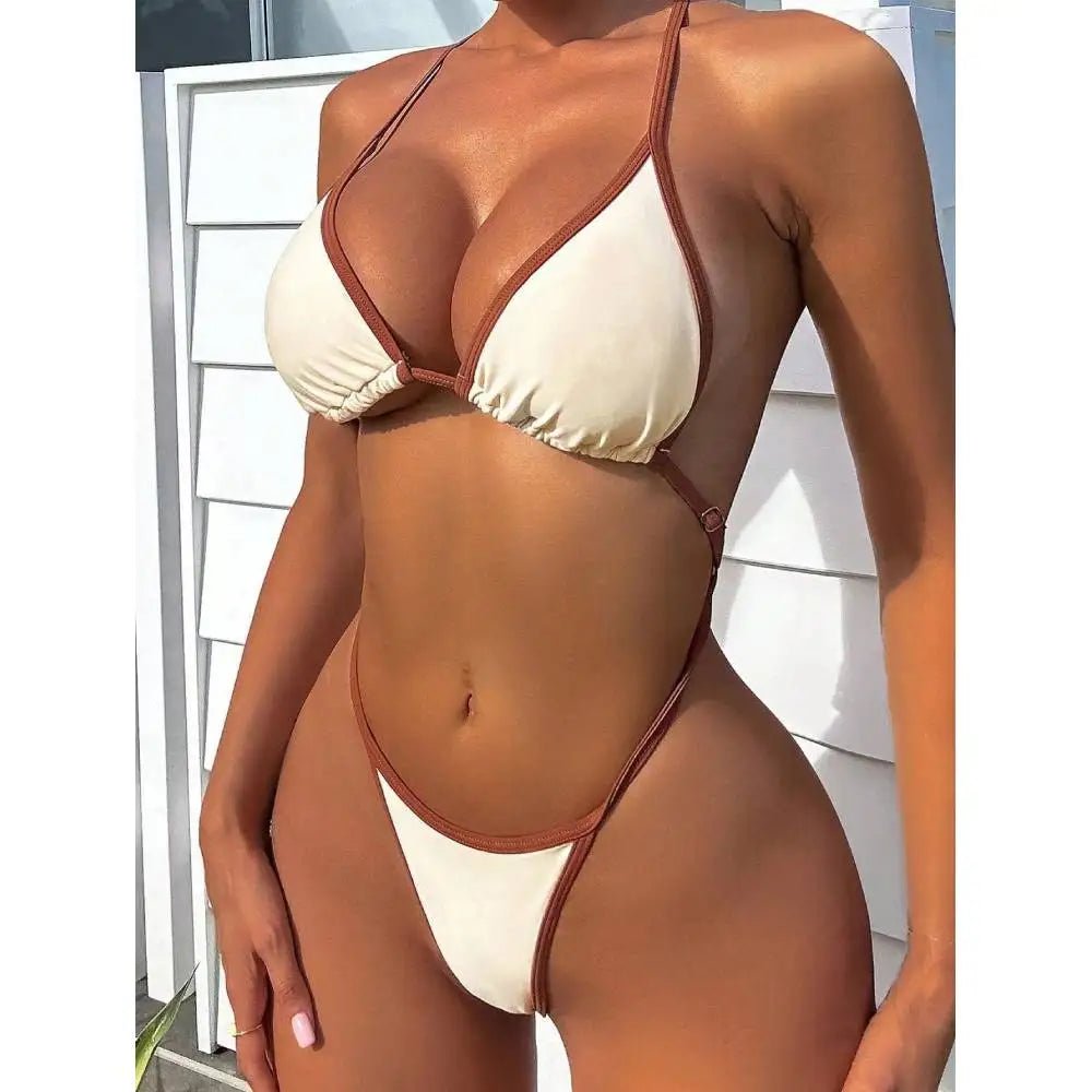 Cikini Summer Beach Women's Contrast Trim Halterneck One - Piece Swimsuit Sexy Swimwear Bathing Suit - Nouti.market