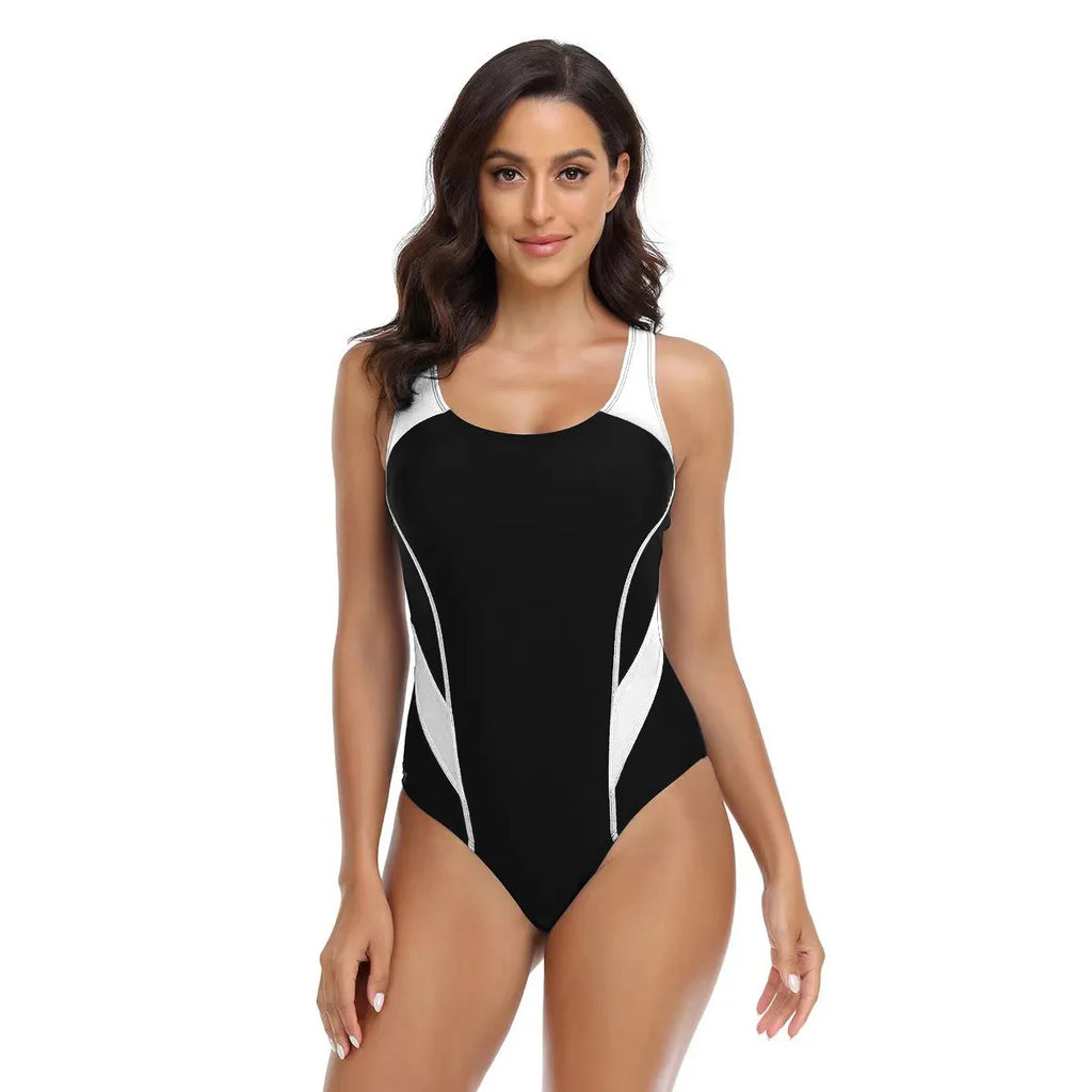Woman Sleeveless Scoop Neck Swimsuit Navy Blue High Cut Legs Bathing Suit Black Open Back Swimwear Red Accent Contrast Trim