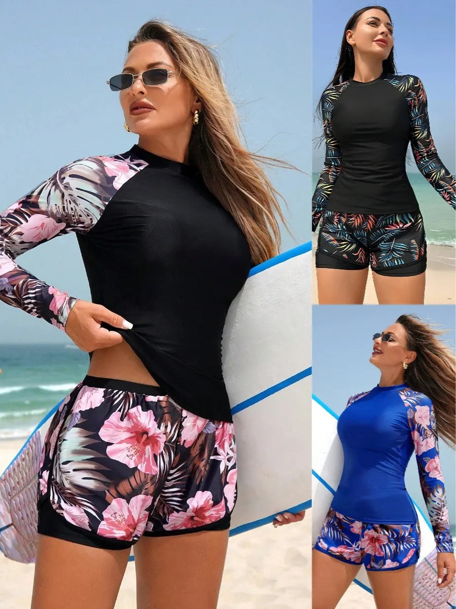 Tankini Women's Long Sleeve Crop Tankini Top Floral Print