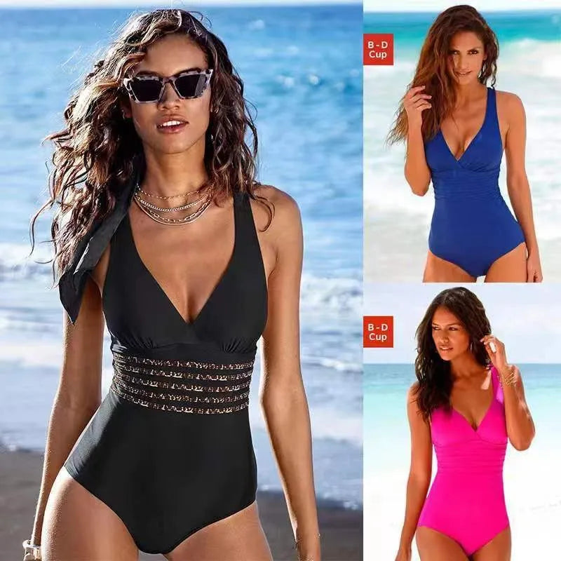 Woman Swimsuit Tankini Solid Color Cross Back Swimwear V Neck Ruched Waist Black Bathing Suit Halter Neck High Cut Legs One