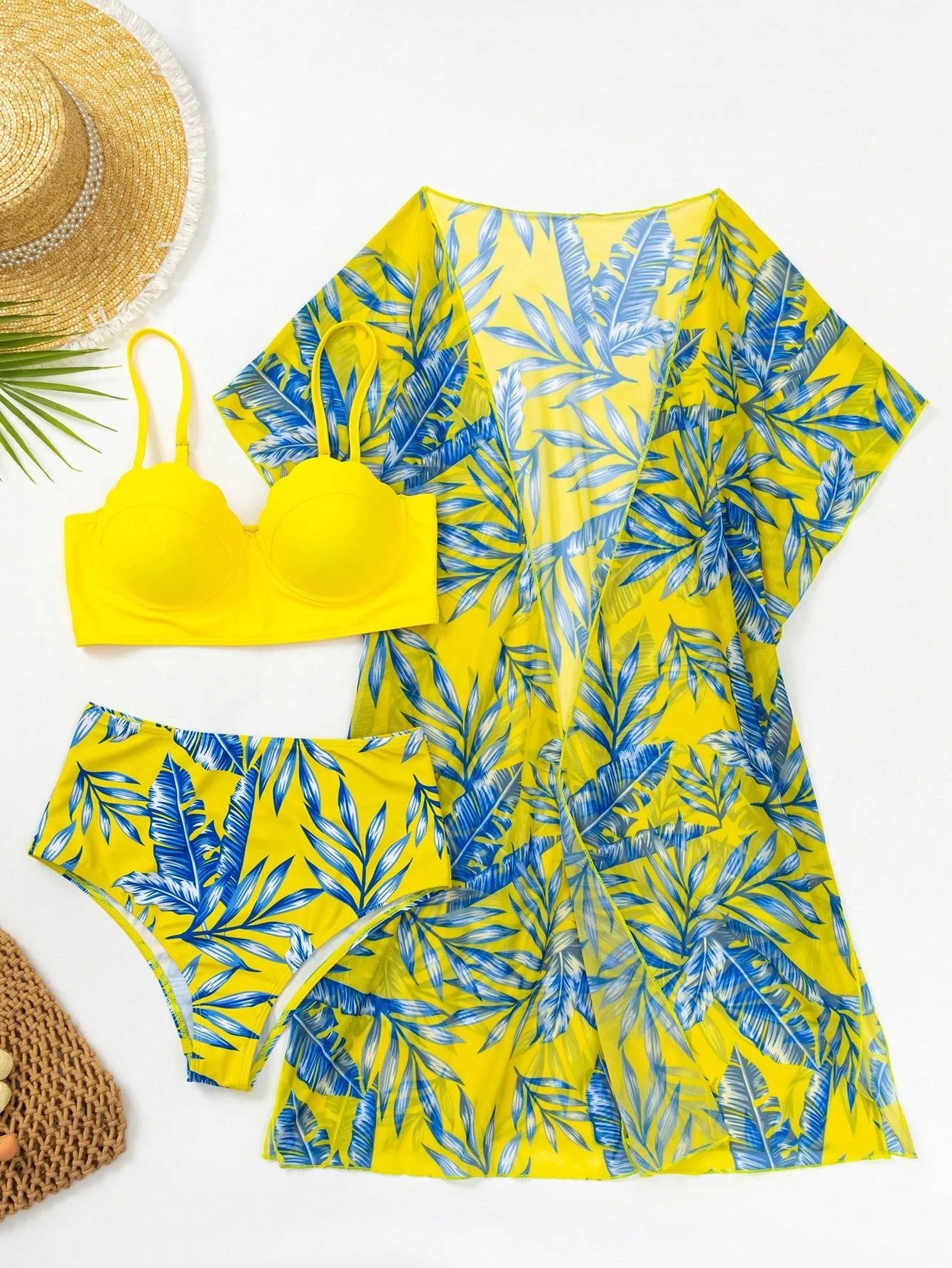 Floral Print Three Pieces Bikini Set Cover Up Women Swimsuit Print Long Sleeve Swimwear Biquini Bathing Suit 2025 Summer - Nouti.market