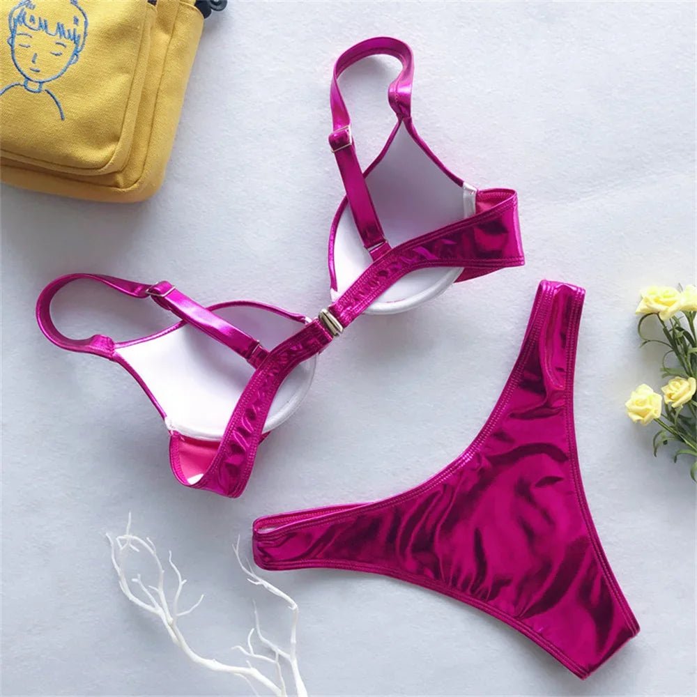 Gold Bikini Push Up Bra Women Trend Y2K Swimwear Glossy Metallic Beach Outfit Swimsuit Bath Suit Club Micro Bikinis Tangas Mujer - Nouti.market