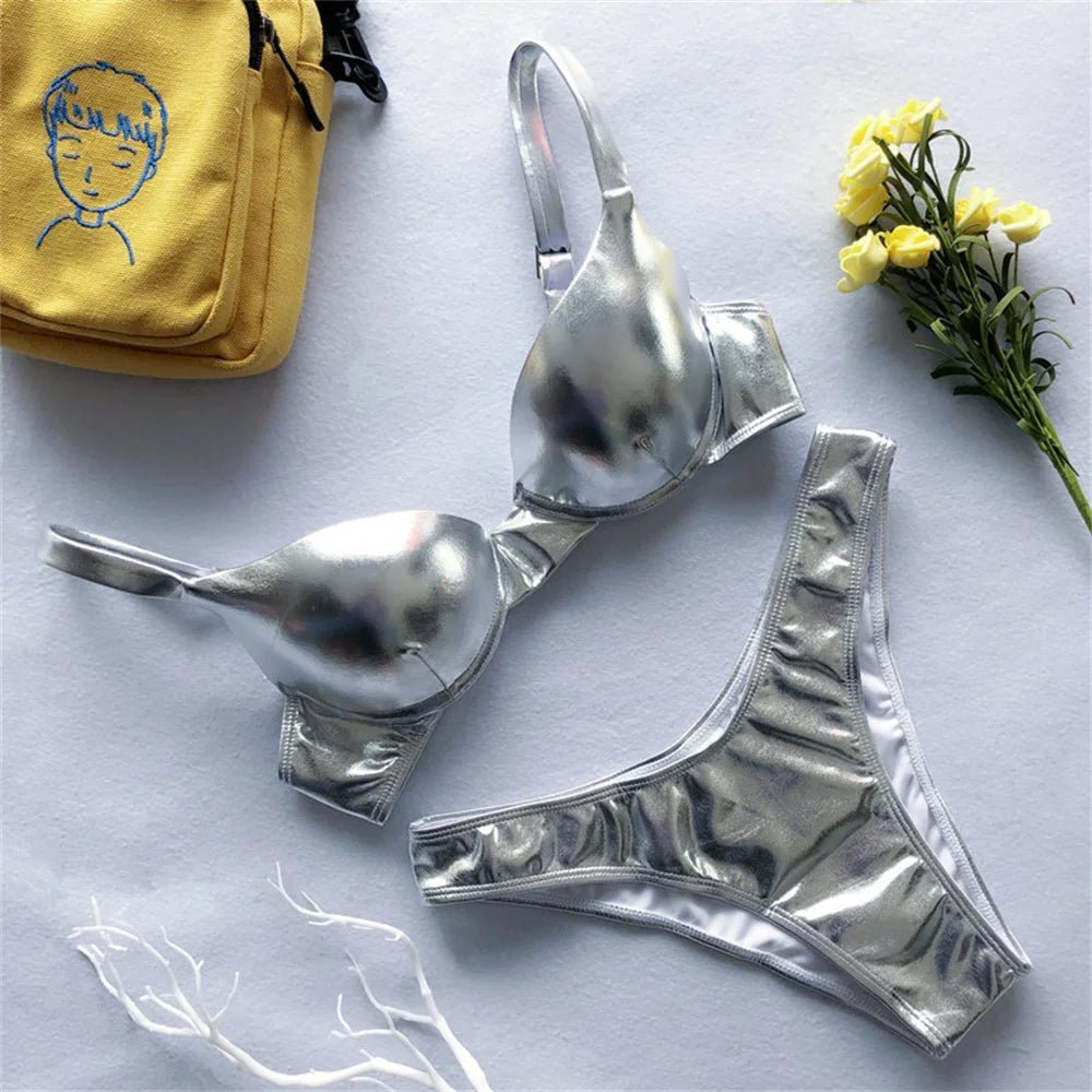 Gold Bikini Push Up Bra Women Trend Y2K Swimwear Glossy Metallic Beach Outfit Swimsuit Bath Suit Club Micro Bikinis Tangas Mujer - Nouti.market