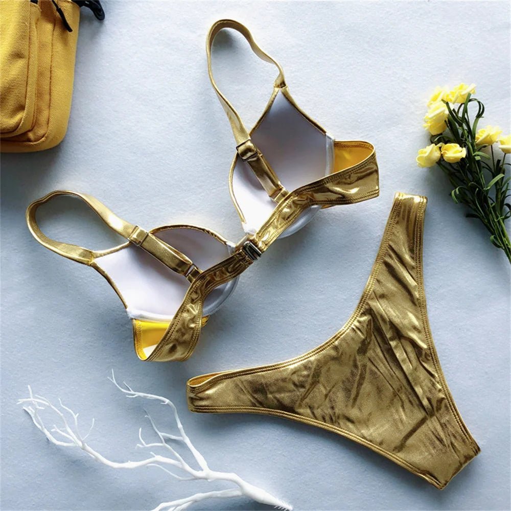 Gold Bikini Push Up Bra Women Trend Y2K Swimwear Glossy Metallic Beach Outfit Swimsuit Bath Suit Club Micro Bikinis Tangas Mujer - Nouti.market