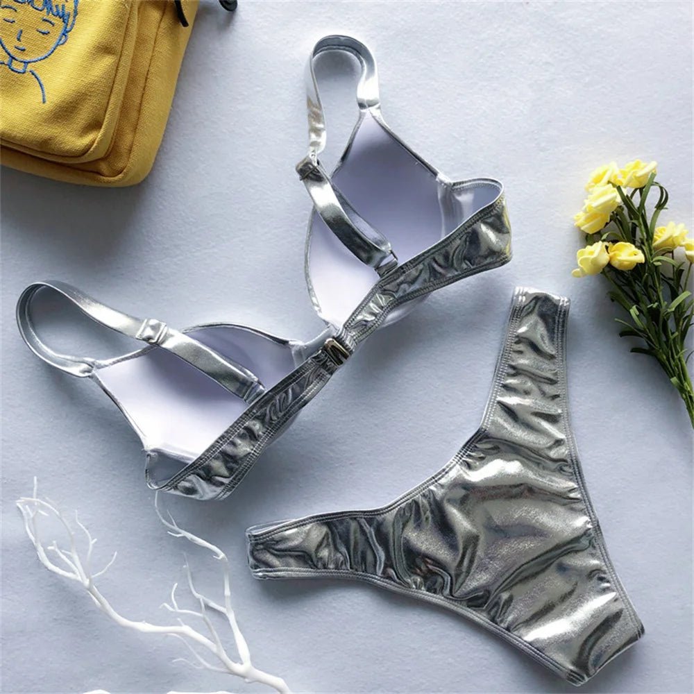 Gold Bikini Push Up Bra Women Trend Y2K Swimwear Glossy Metallic Beach Outfit Swimsuit Bath Suit Club Micro Bikinis Tangas Mujer - Nouti.market