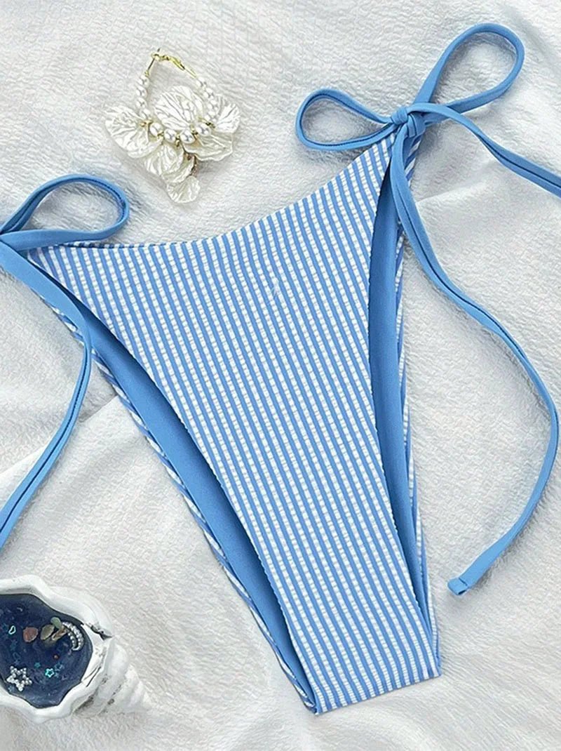 New Euro - American Striped Bikini Set Women Outdoor Vacation Beach Sexy Halter Split Swimsuit Lace - Up Thong Brazilian Swimwear - Nouti.market