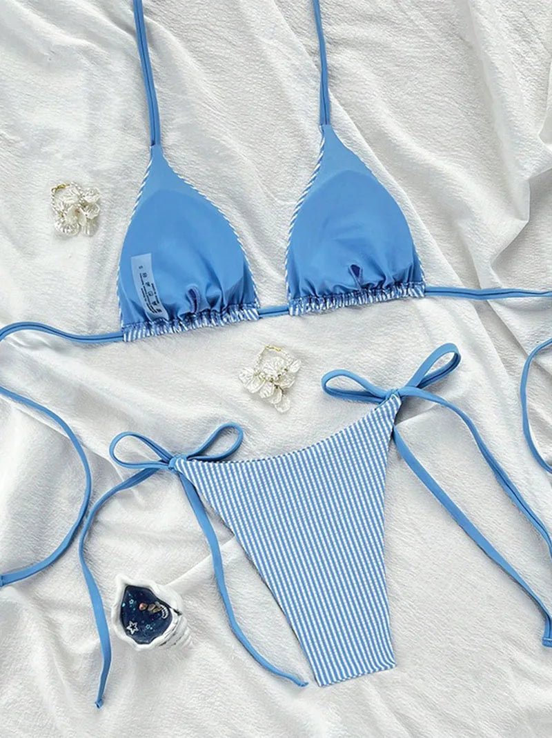 New Euro - American Striped Bikini Set Women Outdoor Vacation Beach Sexy Halter Split Swimsuit Lace - Up Thong Brazilian Swimwear - Nouti.market
