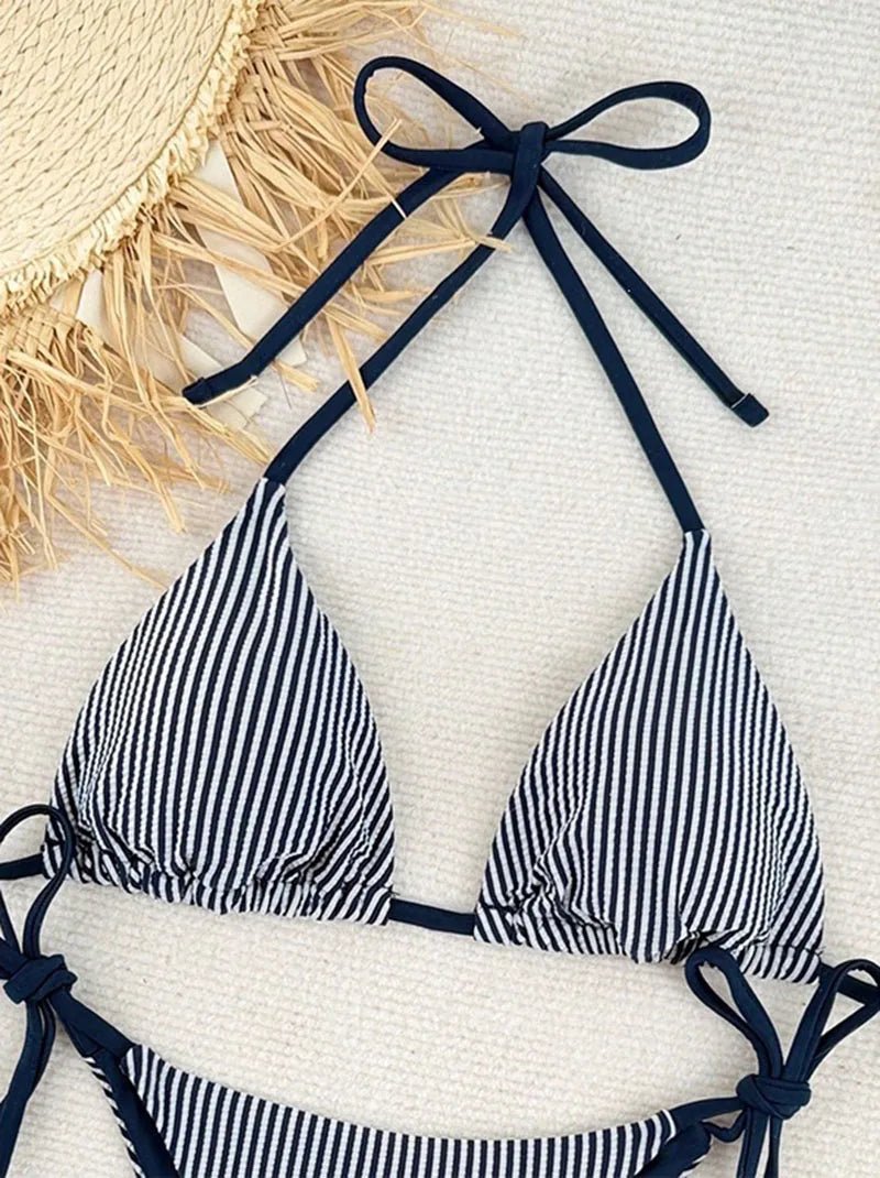 New Euro - American Striped Bikini Set Women Outdoor Vacation Beach Sexy Halter Split Swimsuit Lace - Up Thong Brazilian Swimwear - Nouti.market