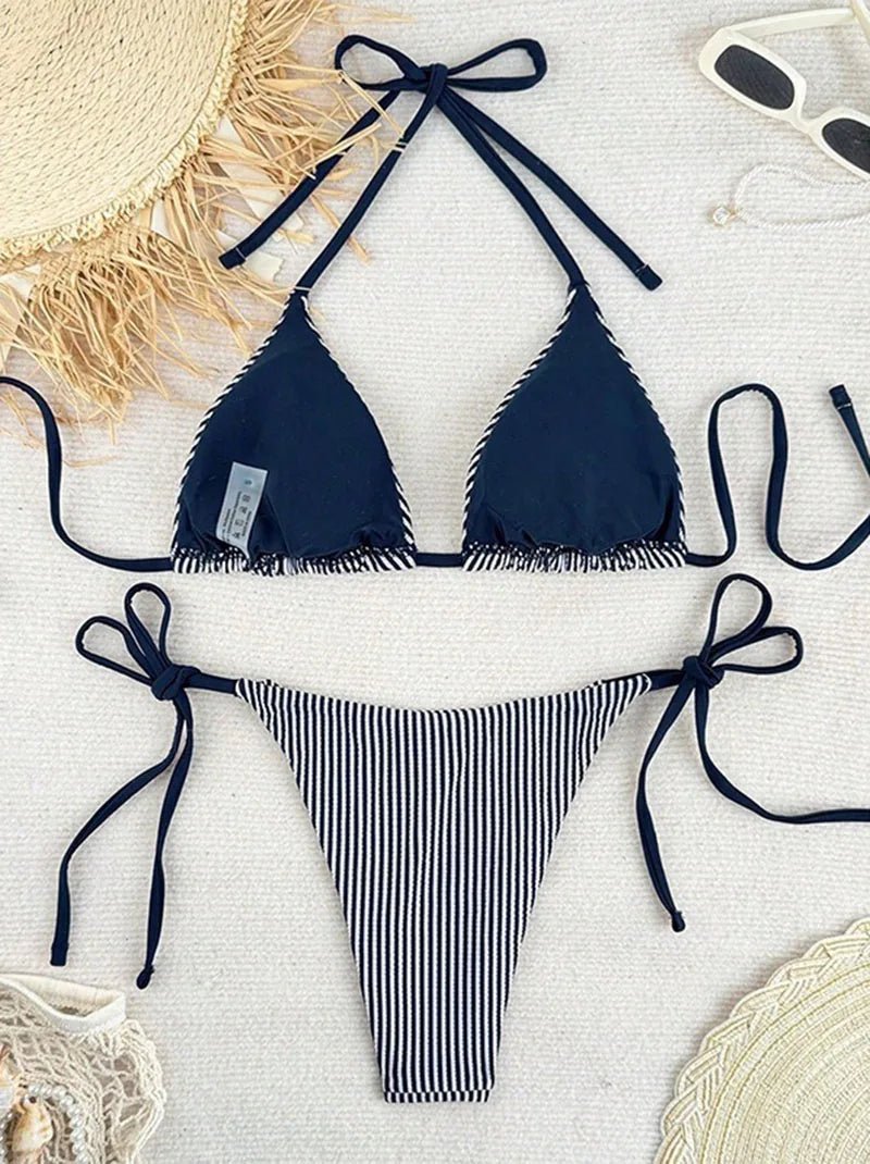 New Euro - American Striped Bikini Set Women Outdoor Vacation Beach Sexy Halter Split Swimsuit Lace - Up Thong Brazilian Swimwear - Nouti.market