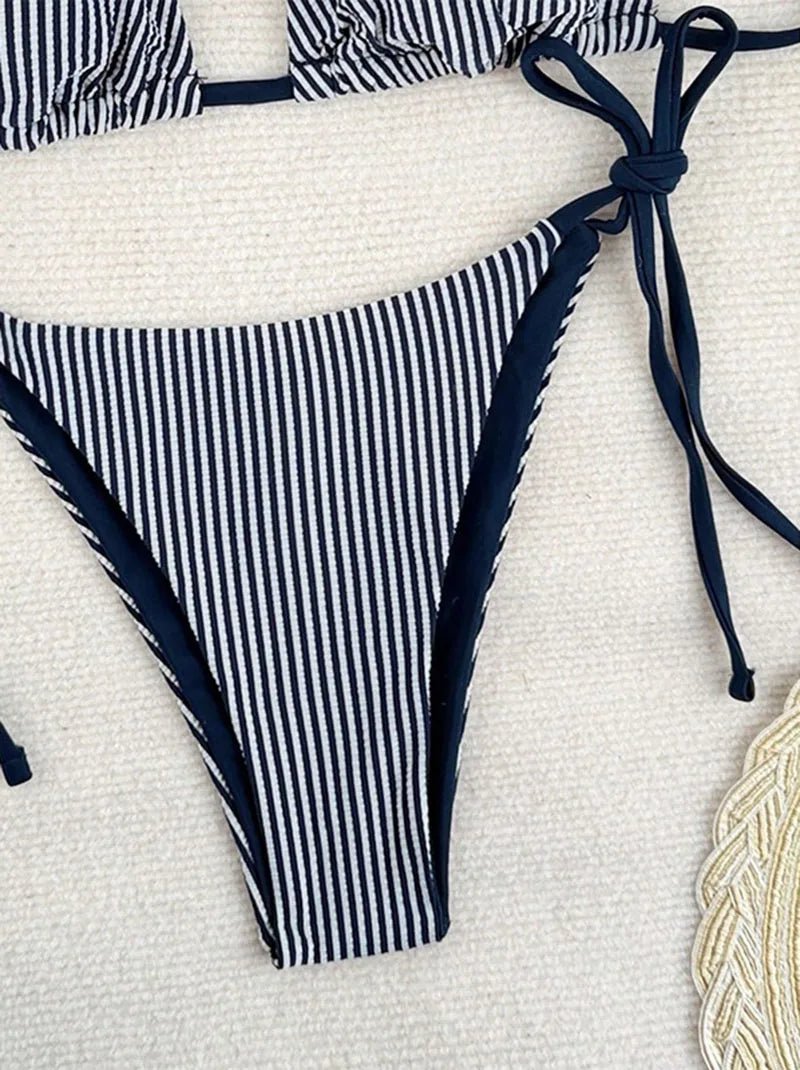 New Euro - American Striped Bikini Set Women Outdoor Vacation Beach Sexy Halter Split Swimsuit Lace - Up Thong Brazilian Swimwear - Nouti.market