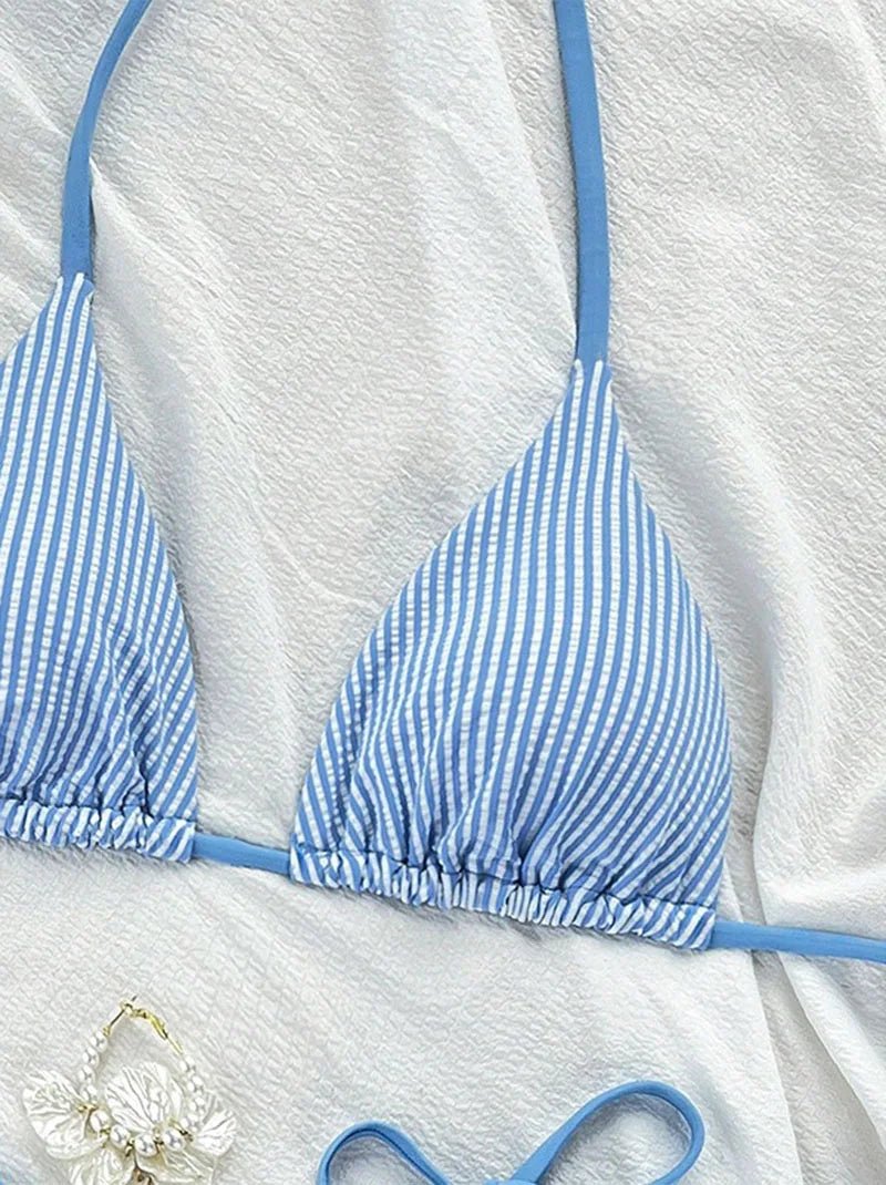 New Euro - American Striped Bikini Set Women Outdoor Vacation Beach Sexy Halter Split Swimsuit Lace - Up Thong Brazilian Swimwear - Nouti.market