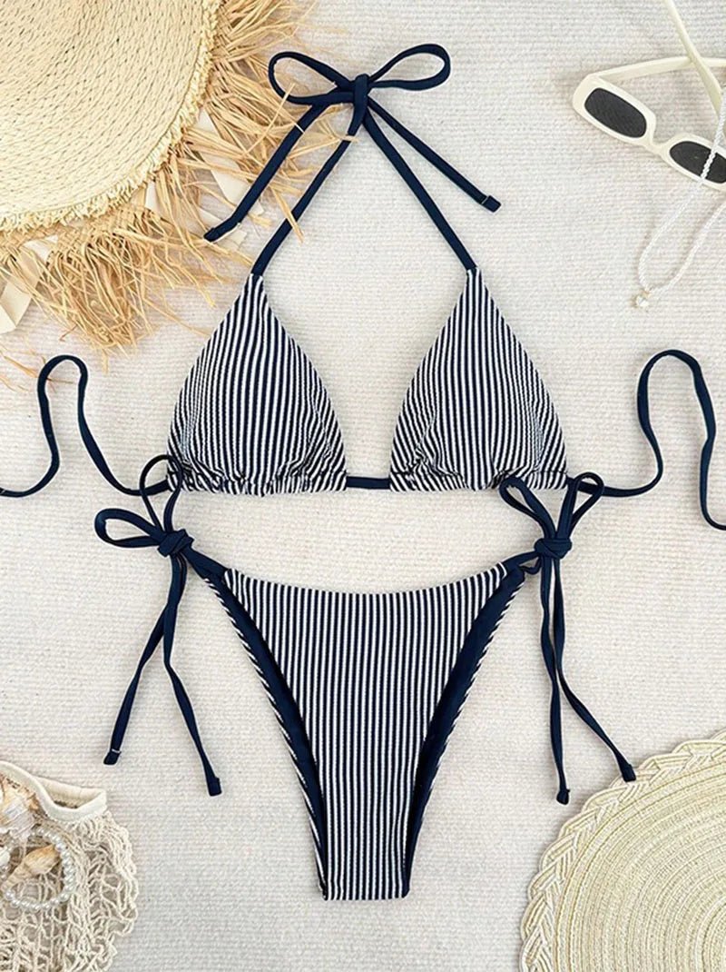 New Euro - American Striped Bikini Set Women Outdoor Vacation Beach Sexy Halter Split Swimsuit Lace - Up Thong Brazilian Swimwear - Nouti.market