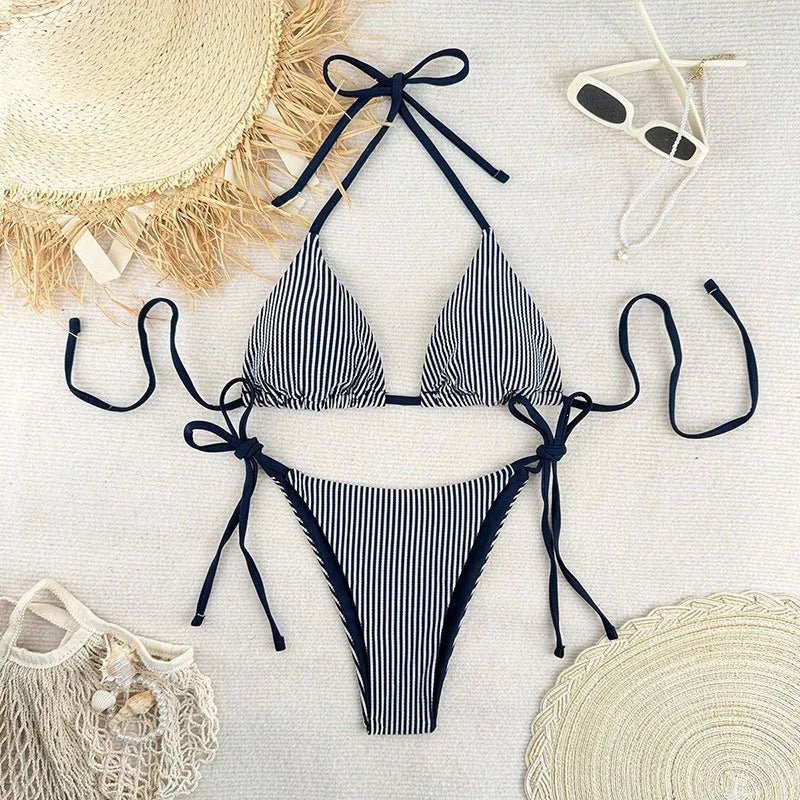 New Euro - American Striped Bikini Set Women Outdoor Vacation Beach Sexy Halter Split Swimsuit Lace - Up Thong Brazilian Swimwear - Nouti.market
