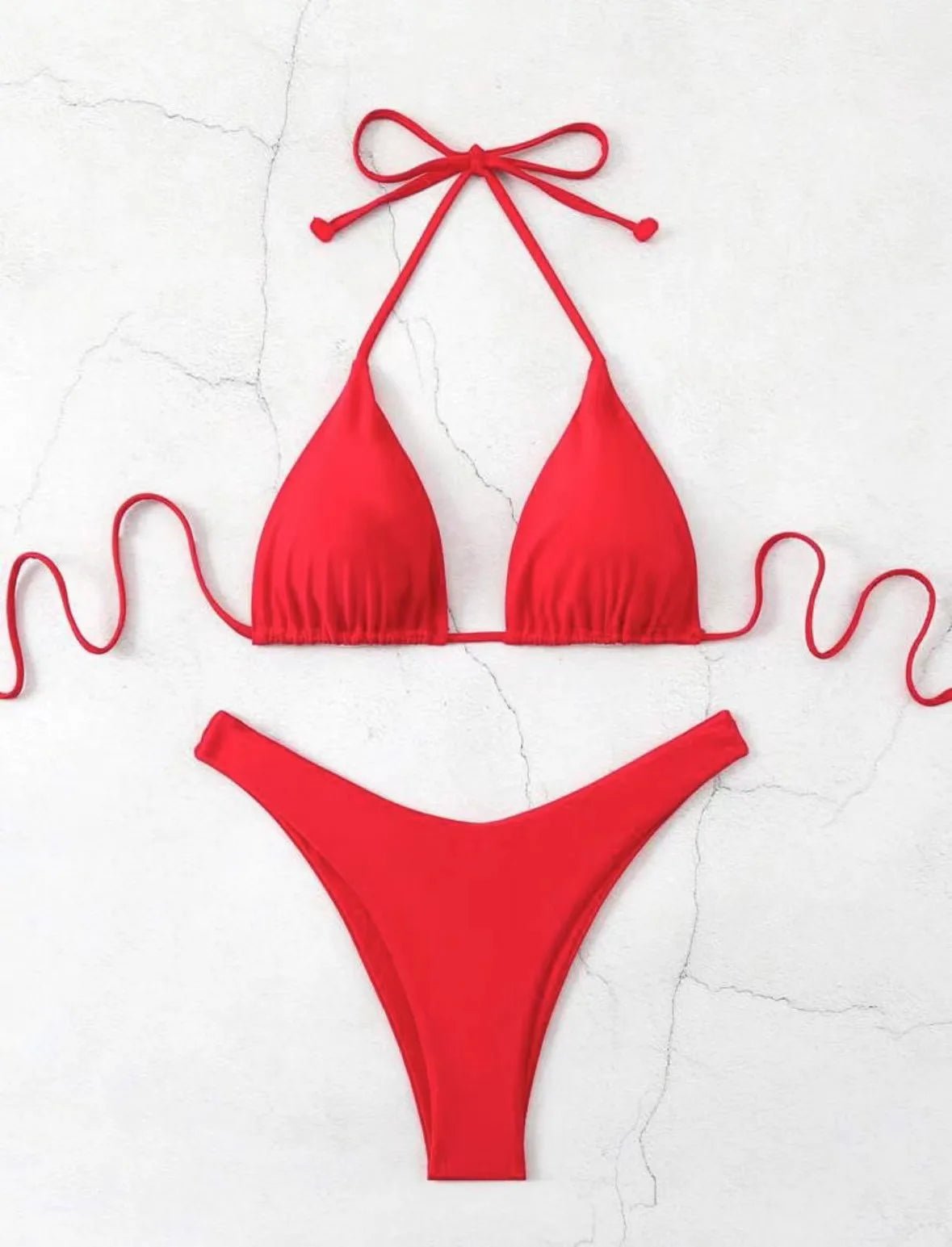 New Halter Bikini Women Solid Color Two - Piece Set Sexy Split Swimsuit Yellow Red Black Coffee White Pink Lace Up Bathing Suit - Nouti.market