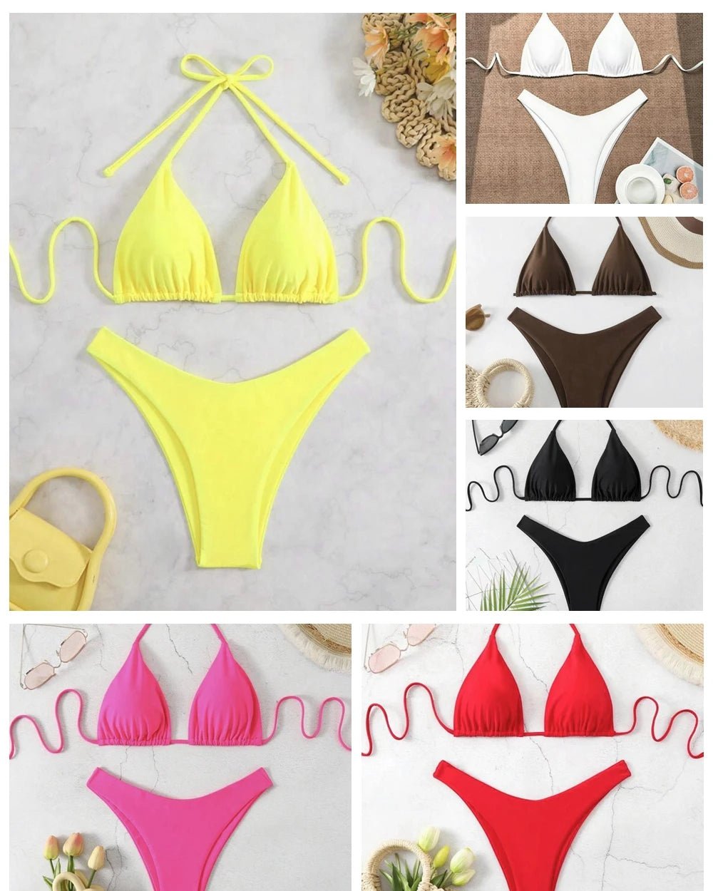 New Halter Bikini Women Solid Color Two - Piece Set Sexy Split Swimsuit Yellow Red Black Coffee White Pink Lace Up Bathing Suit - Nouti.market