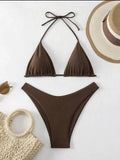 New Halter Bikini Women Solid Color Two - Piece Set Sexy Split Swimsuit Yellow Red Black Coffee White Pink Lace Up Bathing Suit - Nouti.market