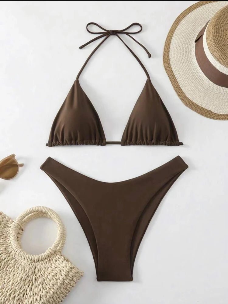 New Halter Bikini Women Solid Color Two - Piece Set Sexy Split Swimsuit Yellow Red Black Coffee White Pink Lace Up Bathing Suit - Nouti.market