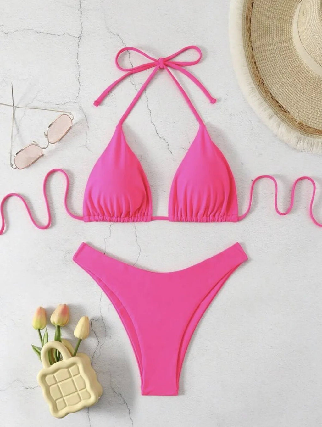 New Halter Bikini Women Solid Color Two - Piece Set Sexy Split Swimsuit Yellow Red Black Coffee White Pink Lace Up Bathing Suit - Nouti.market