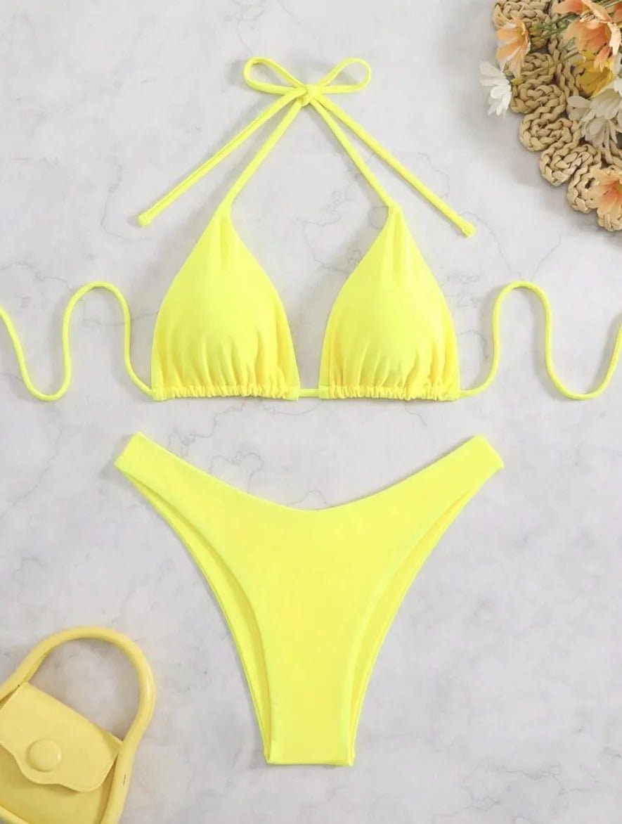 New Halter Bikini Women Solid Color Two - Piece Set Sexy Split Swimsuit Yellow Red Black Coffee White Pink Lace Up Bathing Suit - Nouti.market