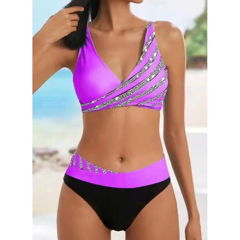 New Summer Beach New Women's Bikini Two Piece Swimsuit Shining Diagonal Rod Print Holiday Lace Up Beach Swimsuit S - 5XL - Nouti.market