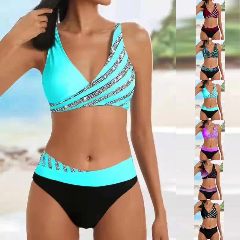 New Summer Beach New Women's Bikini Two Piece Swimsuit Shining Diagonal Rod Print Holiday Lace Up Beach Swimsuit S - 5XL - Nouti.market