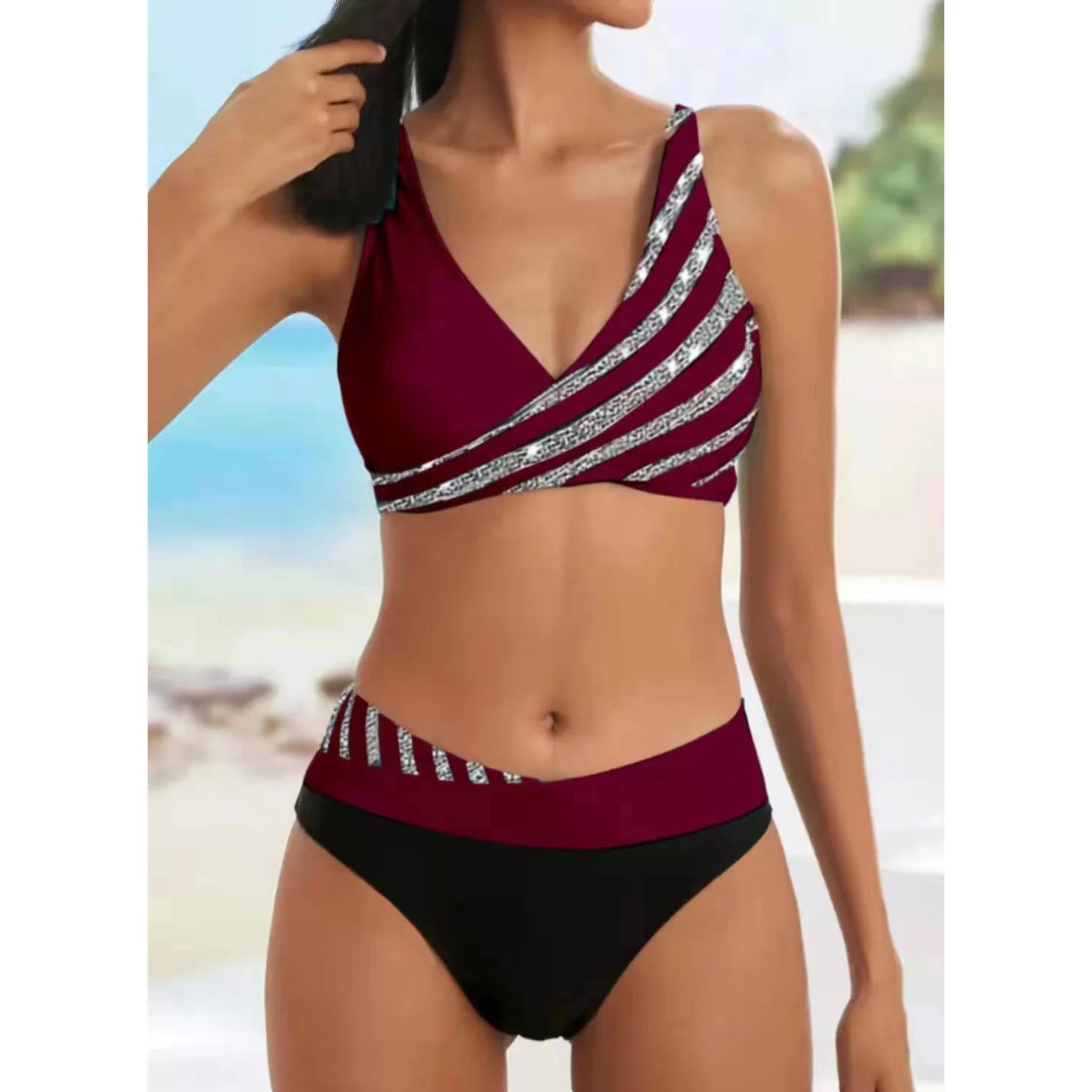 New Summer Beach New Women's Bikini Two Piece Swimsuit Shining Diagonal Rod Print Holiday Lace Up Beach Swimsuit S - 5XL - Nouti.market