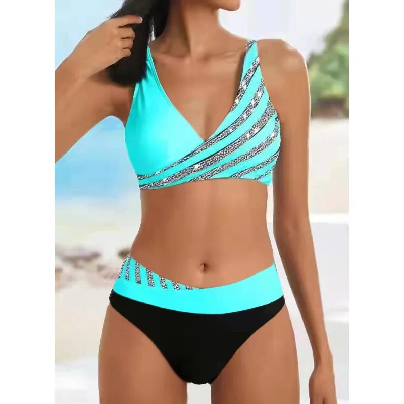 New Summer Beach New Women's Bikini Two Piece Swimsuit Shining Diagonal Rod Print Holiday Lace Up Beach Swimsuit S - 5XL - Nouti.market