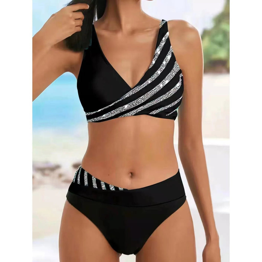 New Summer Beach New Women's Bikini Two Piece Swimsuit Shining Diagonal Rod Print Holiday Lace Up Beach Swimsuit S - 5XL - Nouti.market