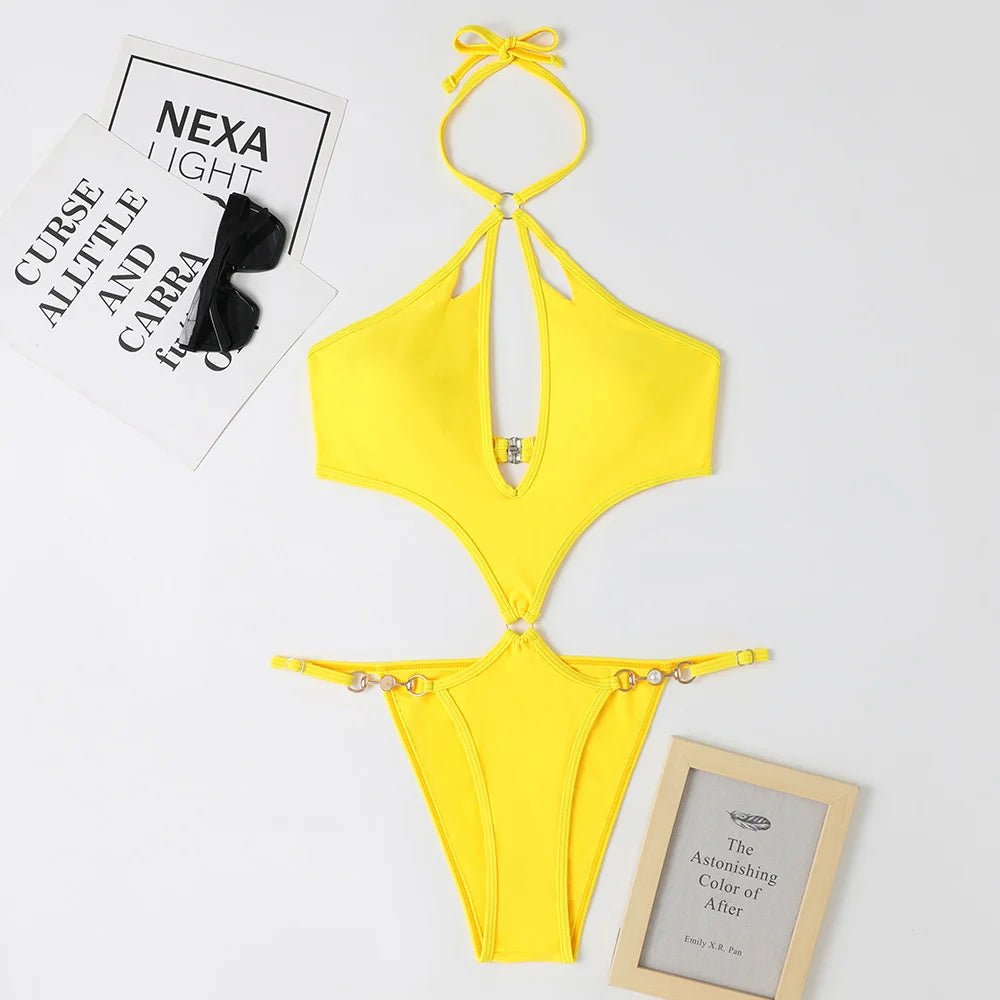 Pearl Chains Bikini String Hollow Out Monokini Backless Swimsuit Vacation Swimwear Women Beach Bathing Suit Yellow Bikinis Mujer - Nouti.market