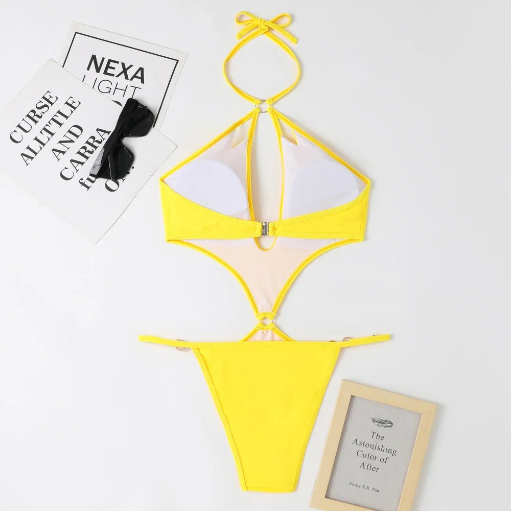 Pearl Chains Bikini String Hollow Out Monokini Backless Swimsuit Vacation Swimwear Women Beach Bathing Suit Yellow Bikinis Mujer - Nouti.market