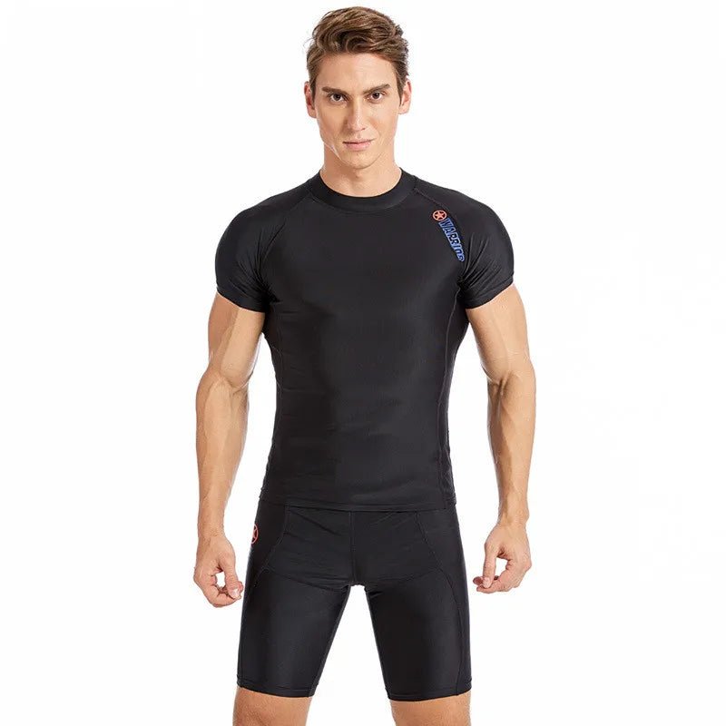 SABOLAY Men Short Sleeve Rashguard Lycra Tight Beach Shirt Trunk Quick Dry Swimsuit Surf Sunscreen UV Rash Guard Diving Suit - Nouti.market