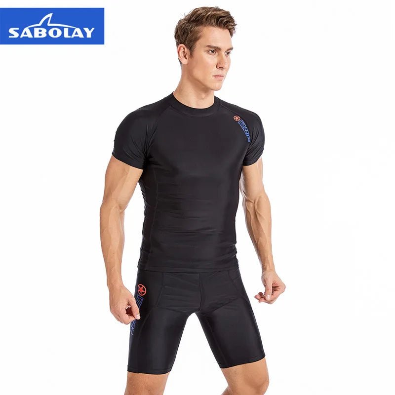 SABOLAY Men Short Sleeve Rashguard Lycra Tight Beach Shirt Trunk Quick Dry Swimsuit Surf Sunscreen UV Rash Guard Diving Suit - Nouti.market