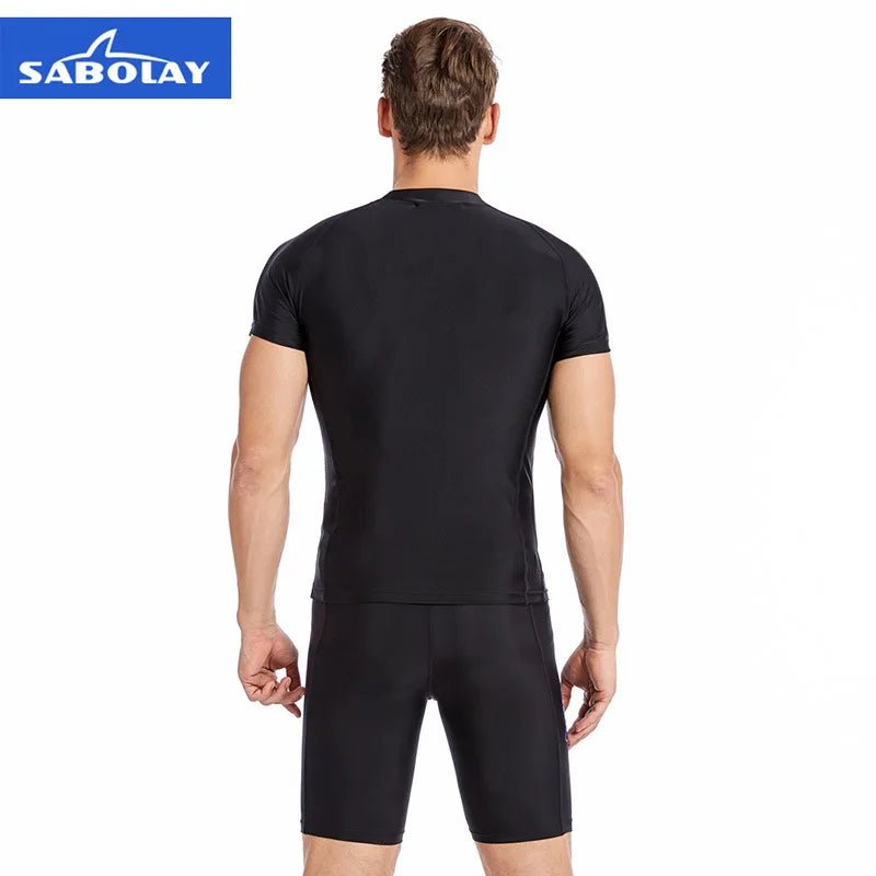 SABOLAY Men Short Sleeve Rashguard Lycra Tight Beach Shirt Trunk Quick Dry Swimsuit Surf Sunscreen UV Rash Guard Diving Suit - Nouti.market